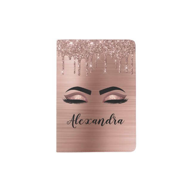 Rose Gold Glitter Sparkle Eyelashes Monogram Name Passport Holder (Front)
