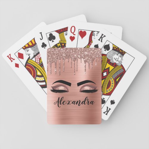 Rose Gold Glitter Sparkle Eyelashes Monogram Name Playing Cards