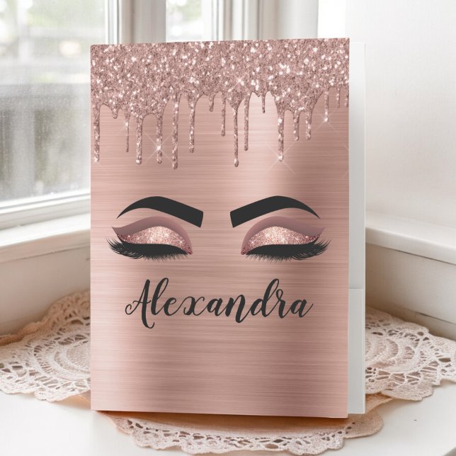 Rose Gold Glitter Sparkle Eyelashes Monogram Name Pocket Folder (Creator Uploaded)