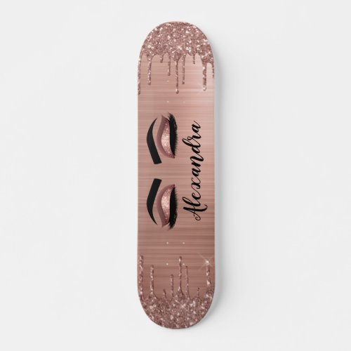 Rose Gold Glitter Sparkle Eyelashes Monogram Name Skateboard