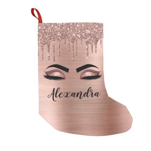 Rose Gold Glitter Sparkle Eyelashes Monogram Name Small Christmas Stocking