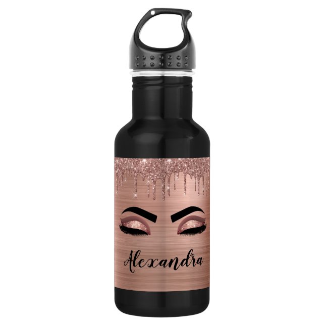 Rose Gold Glitter Sparkle Eyelashes Monogram Name Stainless Steel Water Bottle (Front)