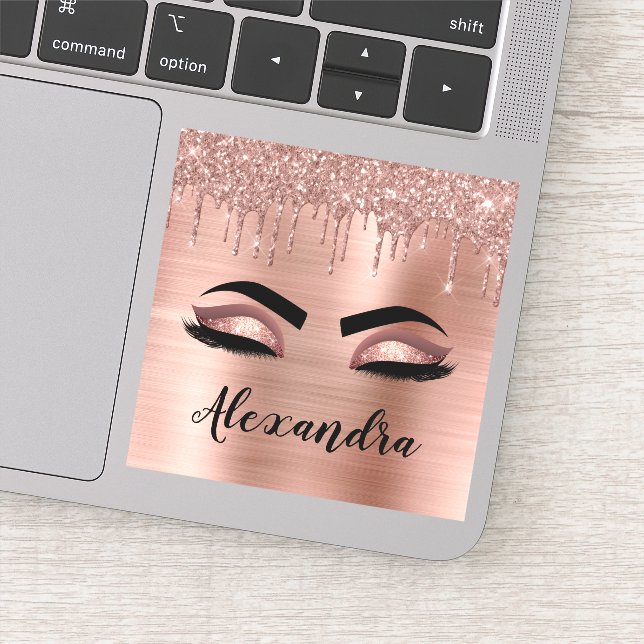 Rose Gold Glitter Sparkle Eyelashes Monogram Name Sticker (Detail)