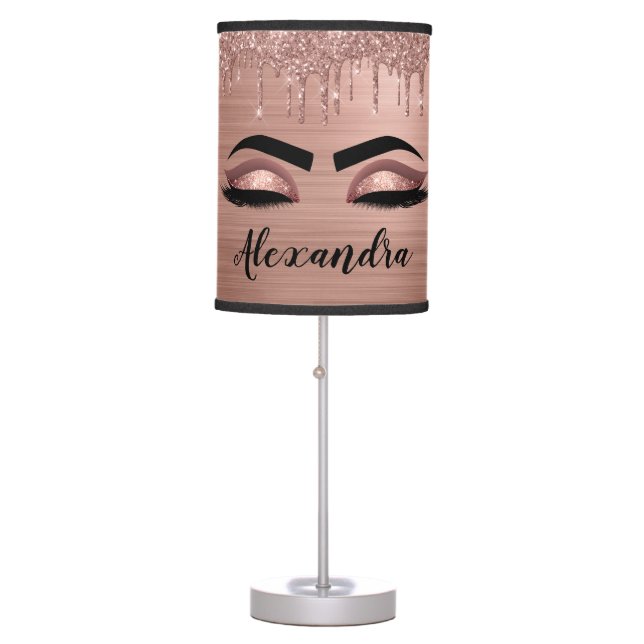 Rose Gold Glitter Sparkle Eyelashes Monogram Name Table Lamp (Front)