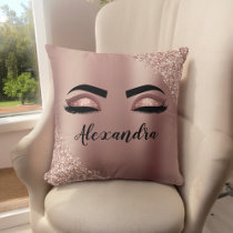 Rose Gold Glitter Sparkle Eyelashes Monogram Name Throw Pillow