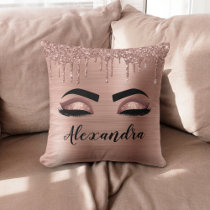 Rose Gold Glitter Sparkle Eyelashes Monogram Name Throw Pillow