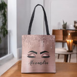 Rose Gold Glitter Sparkle Eyelashes Monogram Name Tote Bag<br><div class="desc">Rose Gold Faux Foil Metallic Sparkle Glitter Brushed Metal Monogram Name and Initial Eyelashes (Lashes),  Eyelash Extensions and Eyes Blush Pink Makeup Bag. The pillow makes the perfect sweet 16 birthday,  wedding,  bridal shower,  anniversary,  baby shower or bachelorette party gift for someone decorating her room in trendy cool style.</div>