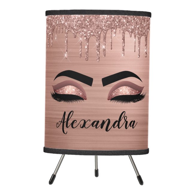 Rose Gold Glitter Sparkle Eyelashes Monogram Name Tripod Lamp (Front)