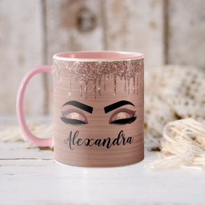 Rose Gold Glitter Sparkle Eyelashes Monogram Name Two-Tone Coffee Mug