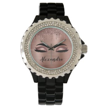 Rose Gold Glitter Sparkle Eyelashes Monogram Name Watch by Hot_Foil_Creations at Zazzle