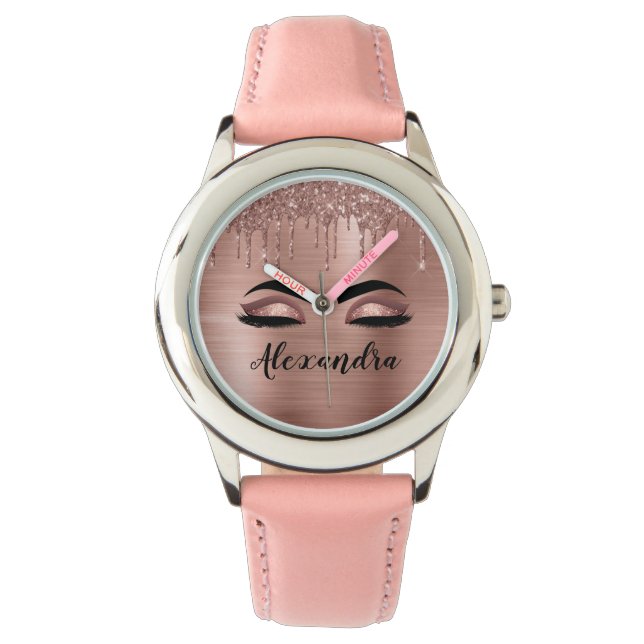 Rose Gold Glitter Sparkle Eyelashes Monogram Name Watch (Front)