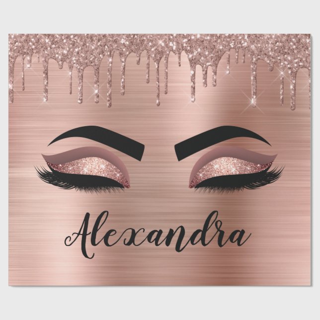 Rose Gold Glitter Sparkle Eyelashes Monogram Name Wrapping Paper (Flat)