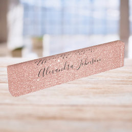 Rose Gold Glitter Sparkle Girly Modern Desk Name Plate