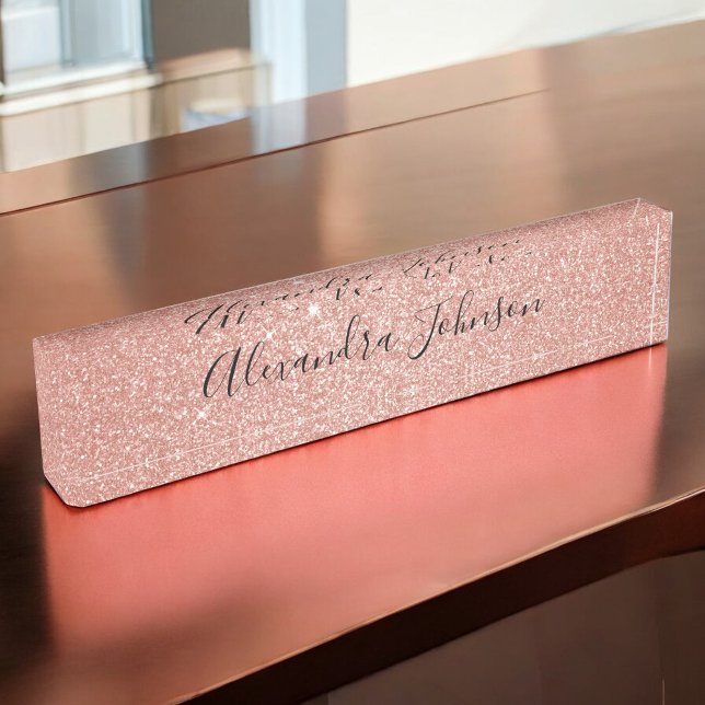 Rose Gold Glitter Sparkle Girly Modern Desk Name Plate (Creator Uploaded)