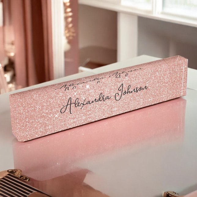 Rose Gold Glitter Sparkle Girly Modern Desk Name Plate (Creator Uploaded)