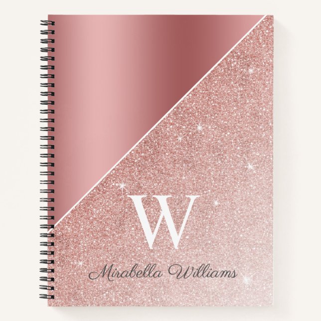 Rose Gold Glitter Sparkle Girly Name Monogram Notebook (Front)