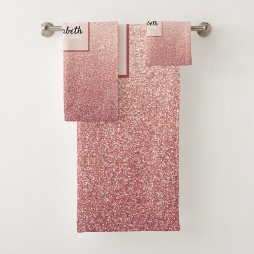 Rose gold glitter sparkle glam gradient monogram bath towel set