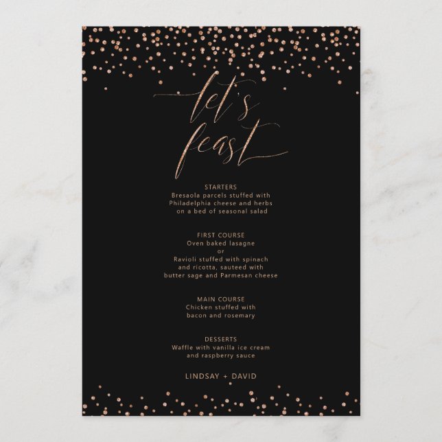 Rose gold glitter sparkle let's feast Menu Card (Front)