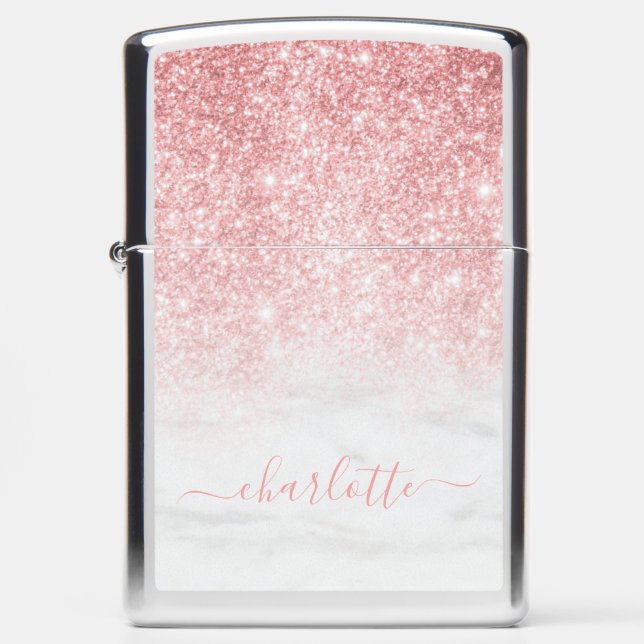 Rose Gold Glitter Sparkle Marble Personalized Name Zippo Lighter (Front)