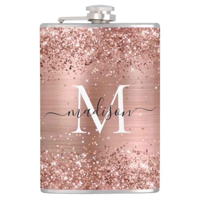 Rose Gold Glitter Sparkle Monogram Brushed Steel Flask (Front)