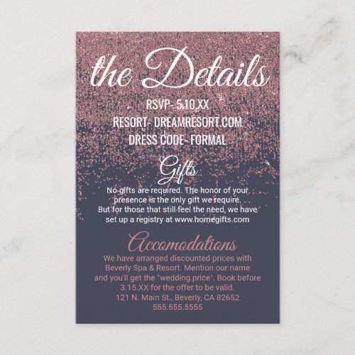 Rose Gold Glitter Sparkle Navy Blue Wedding Detail Enclosure Card