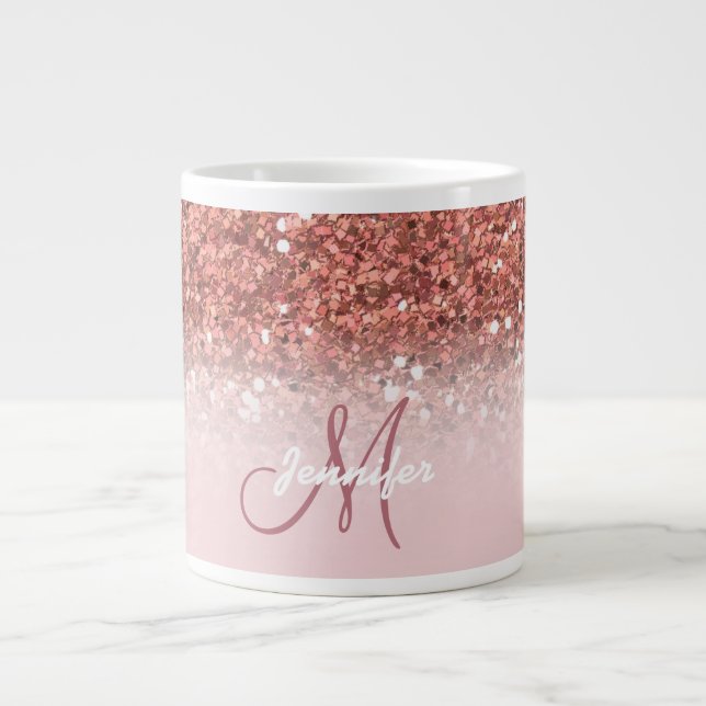 Rose Gold Glitter Sparkle Ombre Monogram Name Giant Coffee Mug (Front)