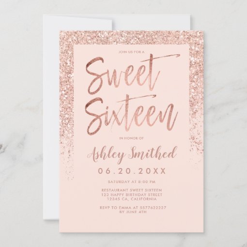 Rose Gold Glitter Sparkle Pink Photo Sweet Sixteen Invitation 