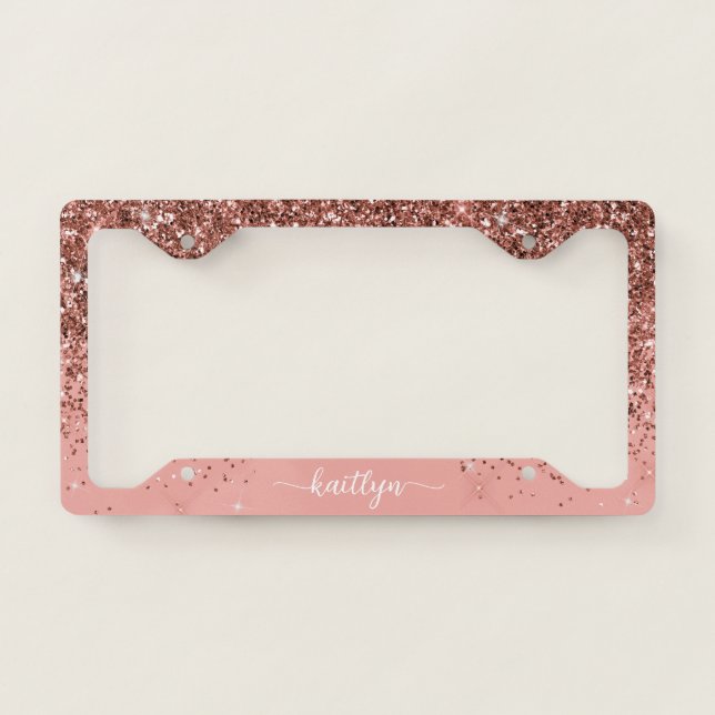 Rose Gold Glitter Sparkle Script Monogram License Plate Frame (Front)