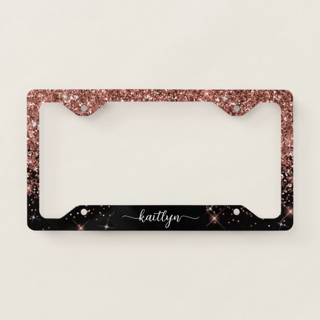 Rose Gold Glitter Sparkle Script Monogram License Plate Frame (Front)