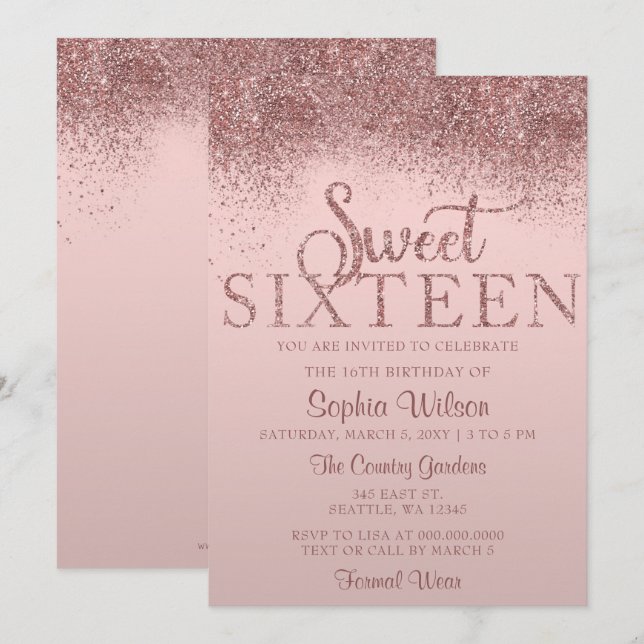 Rose Gold Glitter Sparkle Sweet 16 Birthday Invitation (Front/Back)