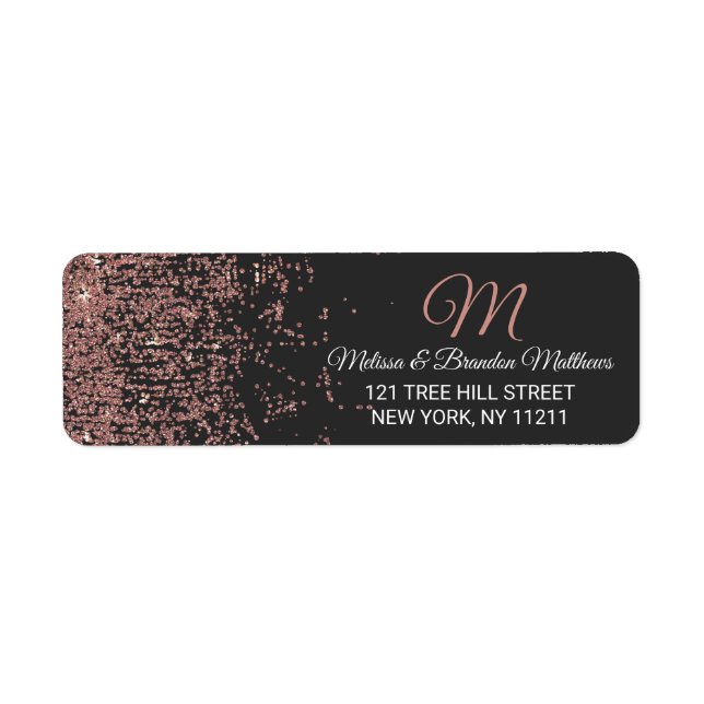 Rose Gold Glitter Sparkles Black Address Label (Front)