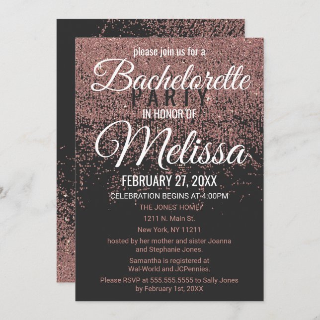 Rose Gold Glitter Sparkles Black Bachelorette Invitation (Front/Back)