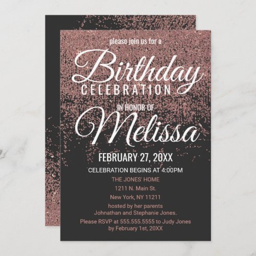 Rose Gold Glitter Sparkles Black Birthday Party Invitation