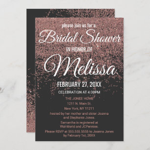Rose Gold Glitter Sparkles Black Bridal Shower Invitation