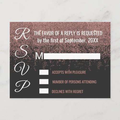 Rose Gold Glitter Sparkles Black RSVPs Invitation Postcard