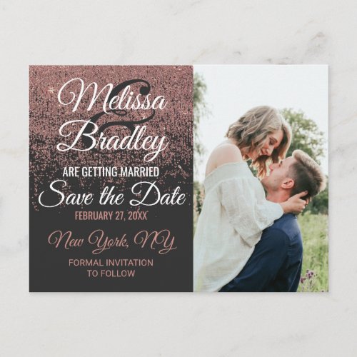 Rose Gold Glitter Sparkles Black Save the Dates Announcement Postcard