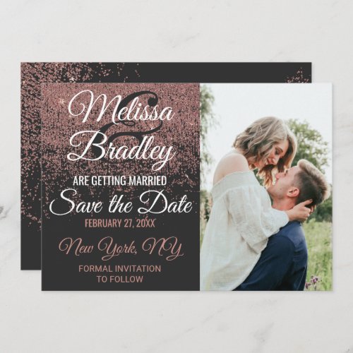 Rose Gold Glitter Sparkles Black Save the Dates Invitation