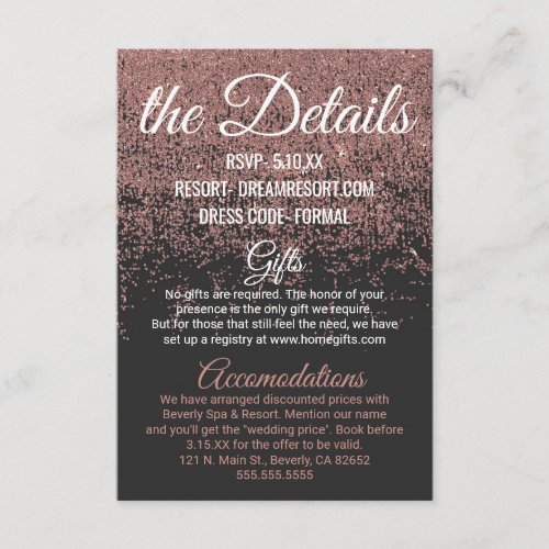 Rose Gold Glitter Sparkles Black Wedding Details Enclosure Card