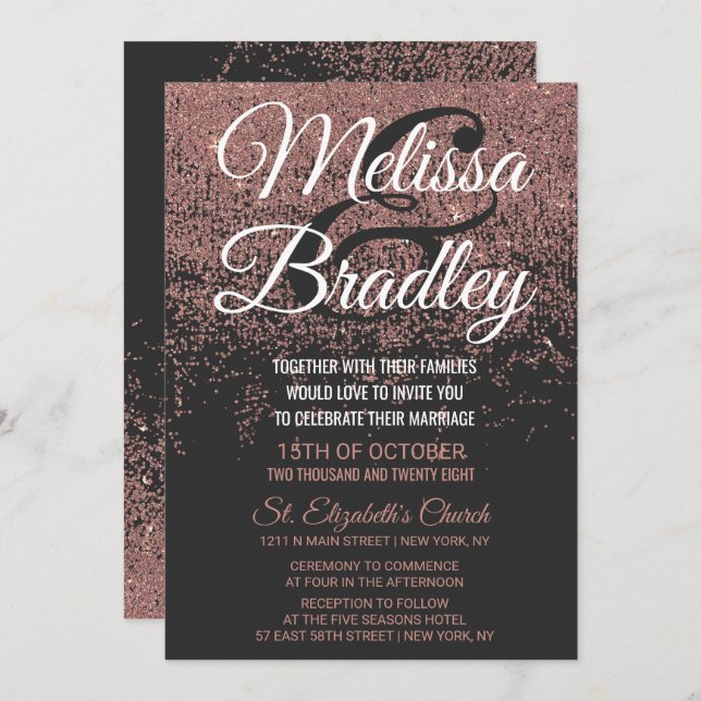 Rose Gold Glitter Sparkles Black Wedding Invitation (Front/Back)