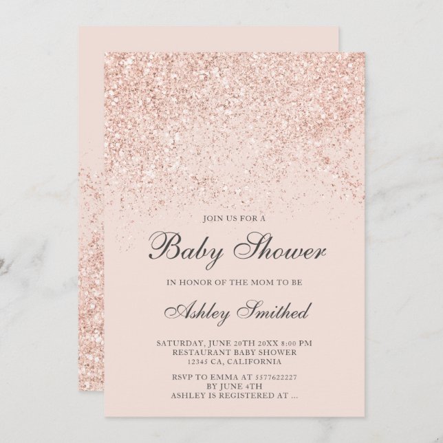 Rose gold glitter sparkles blush baby shower invitation (Front/Back)