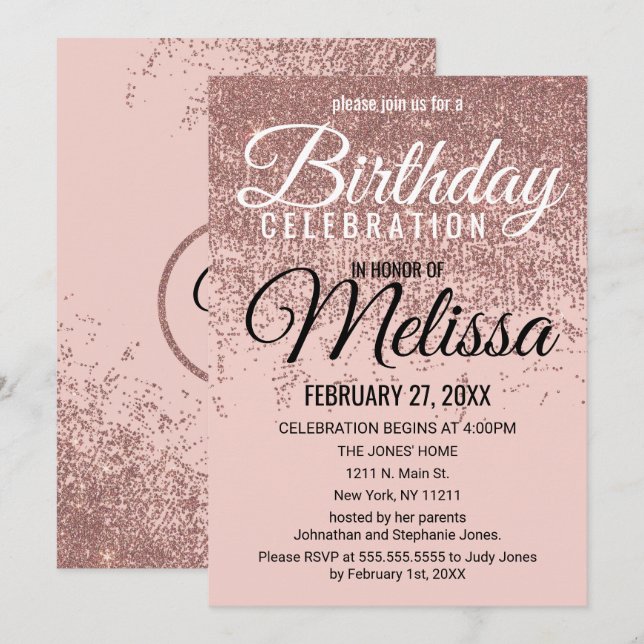Rose Gold Glitter Sparkles Blush Pink Birthday Invitation (Front/Back)