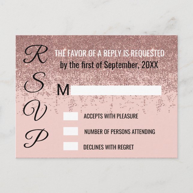 Rose Gold Glitter Sparkles Blush Pink RSVPs Invitation Postcard (Front)