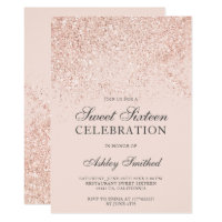 Rose gold glitter sparkles blush sweet sixteen invitation