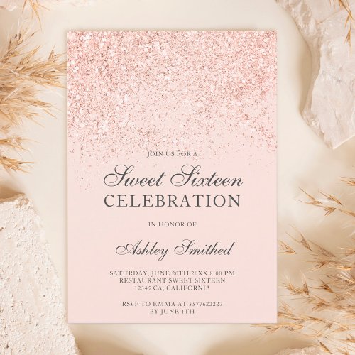 Rose gold glitter sparkles blush sweet sixteen invitation