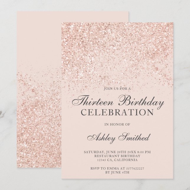 Rose gold glitter sparkles blush thirteen invitation (Front/Back)