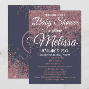 Rose Gold Glitter Sparkles Navy Blue Baby Shower Invitation