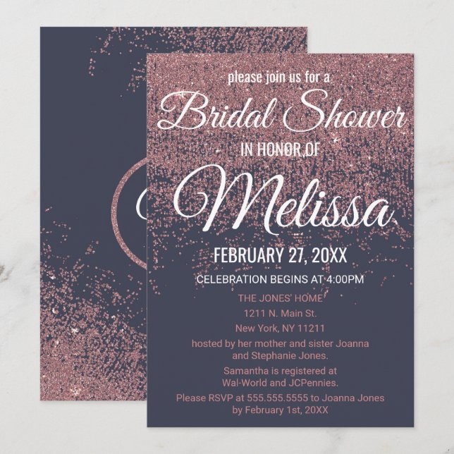 Rose Gold Glitter Sparkles Navy Blue Bridal Shower Invitation (Front/Back)