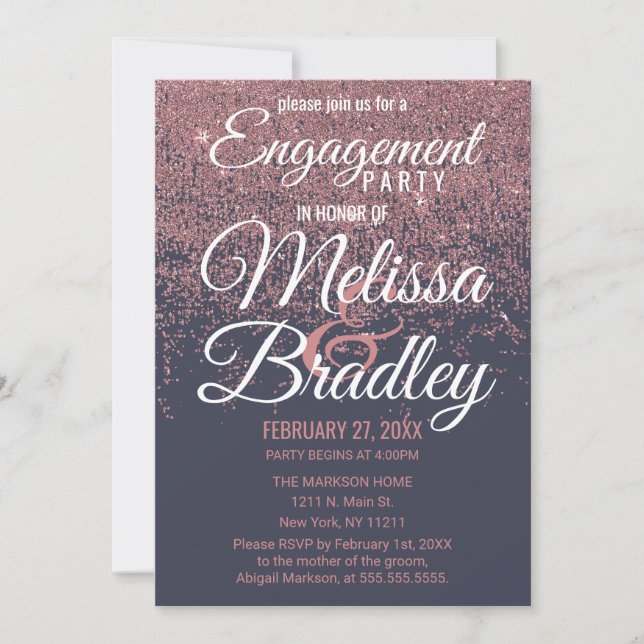 Rose Gold Glitter Sparkles Navy Blue Engagement Invitation (Front)