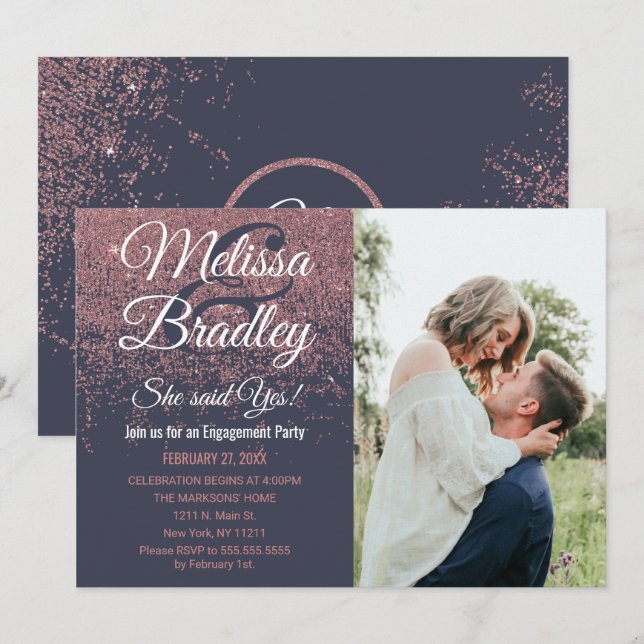 Rose Gold Glitter Sparkles Navy Blue Engagement Invitation (Front/Back)