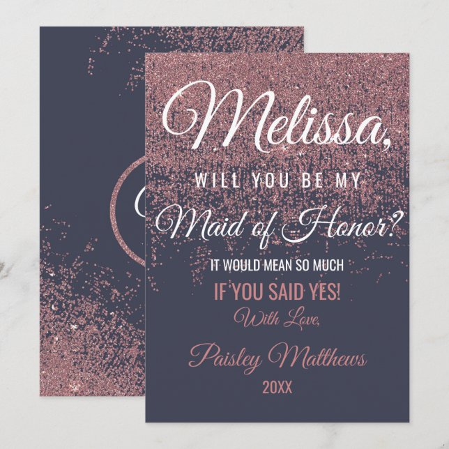 Rose Gold Glitter Sparkles Navy Blue Maid of Honor Invitation (Front/Back)